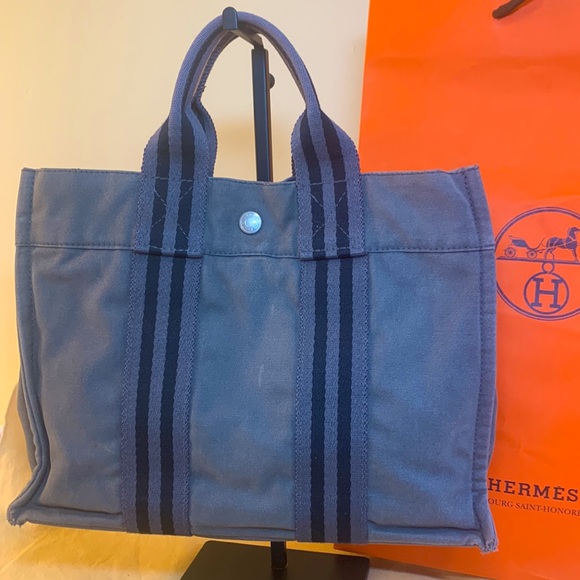 Hermes Small PM Canvas Tote/ Hand Bag Fourre-tote, Gray & Black - Picture 4 of 15